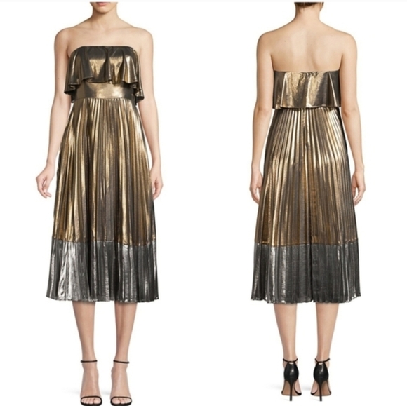 Aidan Mattox Dresses & Skirts - Aidan Mattox Gold and Silver Strapless Pleated Dress Sz 10